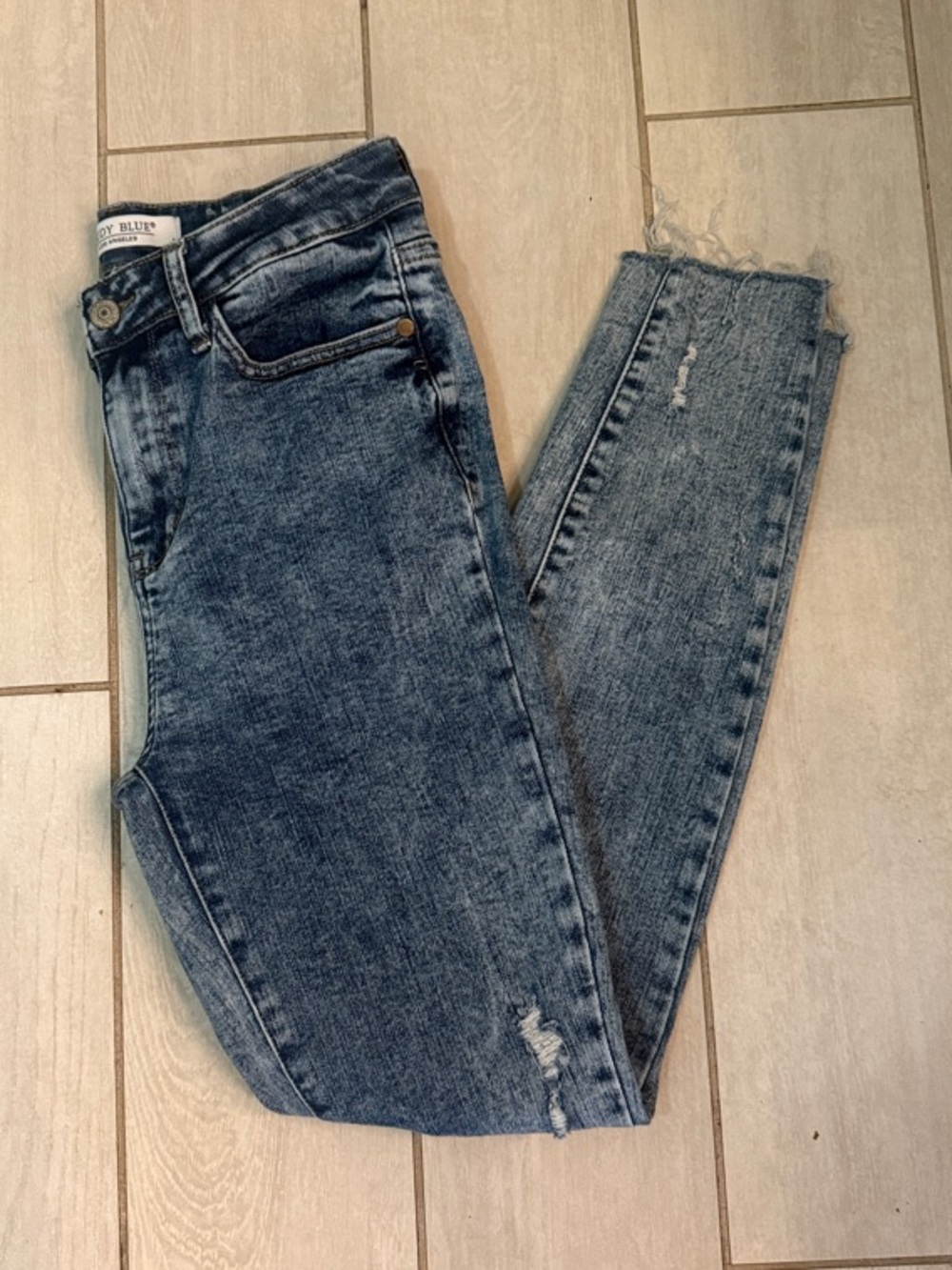 Judy Blue Acid Washed, High-Waisted, Distressed Skinny Jeans with Frayed Ankles